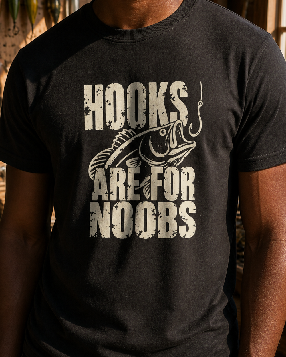 Hooks Are for Noobs tee — black, worn, side