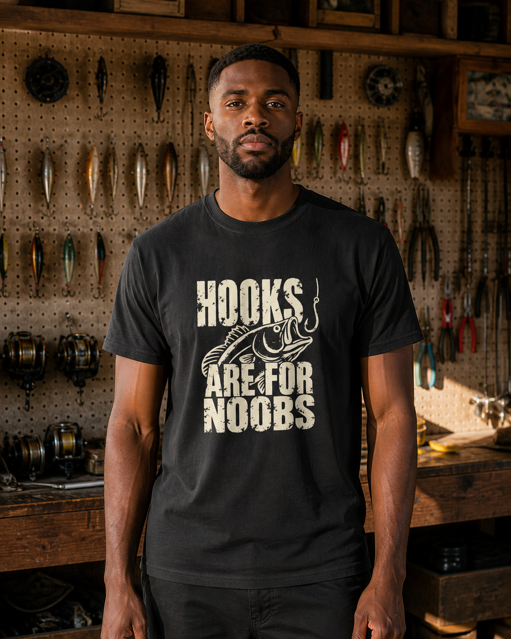 Hooks Are for Noobs tee — black, worn, front