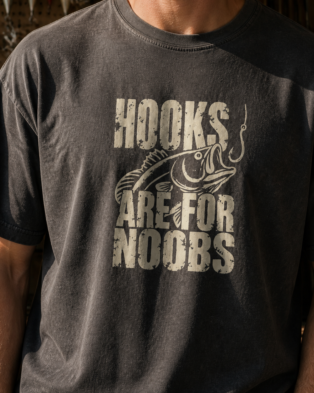 Hooks Are for Noobs washed tee — washed black, worn, side