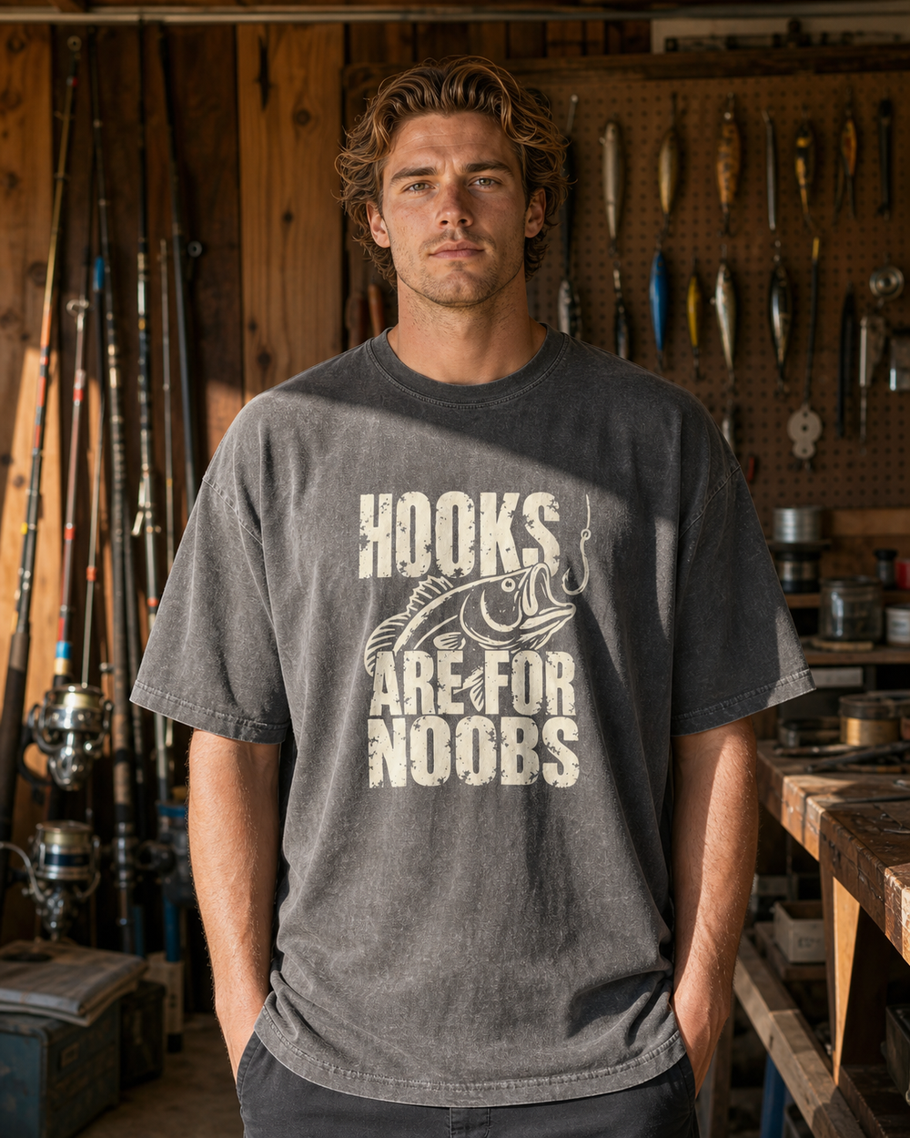 Hooks Are for Noobs washed tee — washed black, worn, front