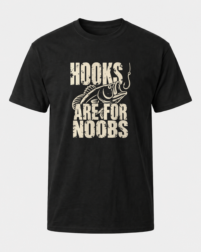 Hooks Are for Noobs tee — black, front