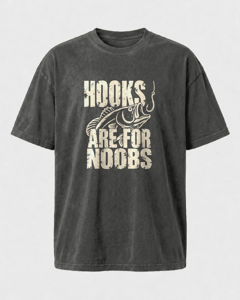 Hooks Are for Noobs washed tee — washed black, front