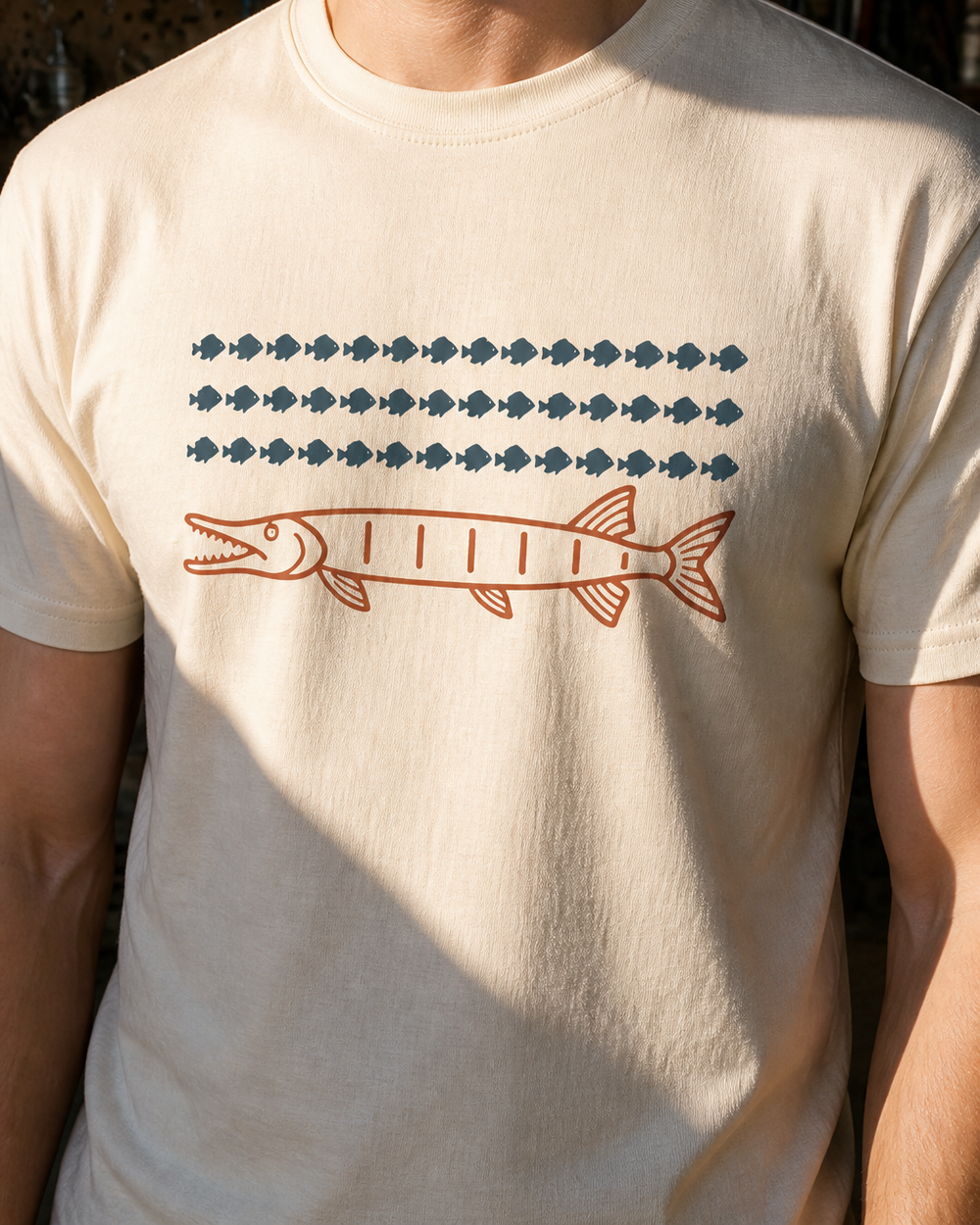 Hundred Musky tee — bone, worn, side