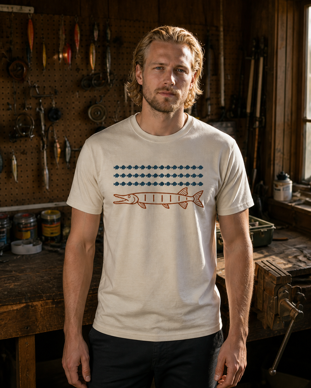 Hundred Musky tee — bone, worn, front