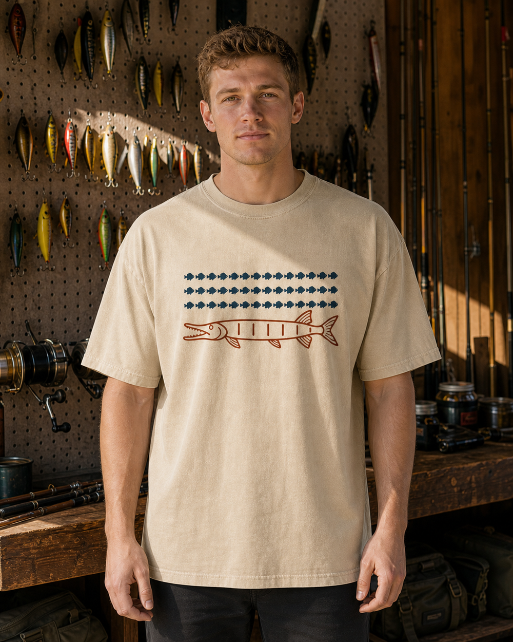 Hundred Musky washed tee — washed bone, worn, front