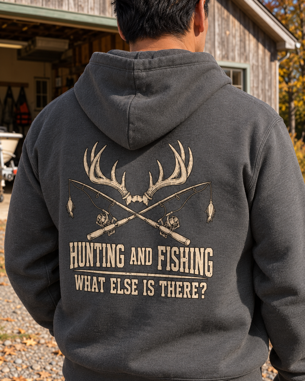 Hunting And Fishing — What Else Is There? Hoodie — Charcoal — model back close-up