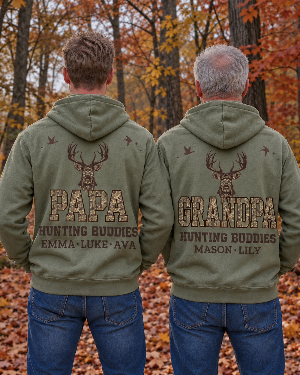 Hunting Buddies Custom Names All-Over Print Hoodie — two people, back