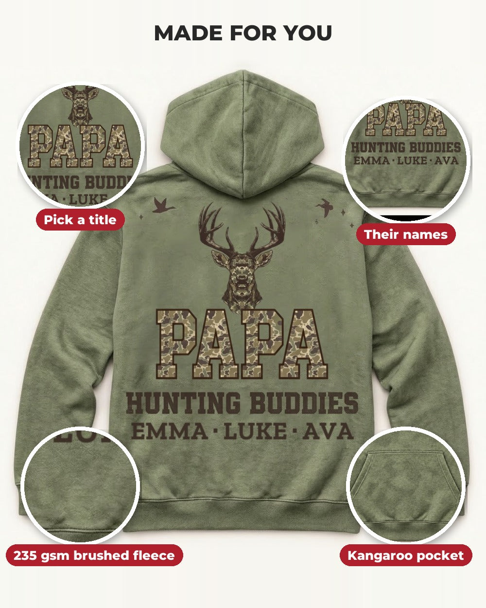 Hunting Buddies Custom Names All-Over Print Hoodie — details