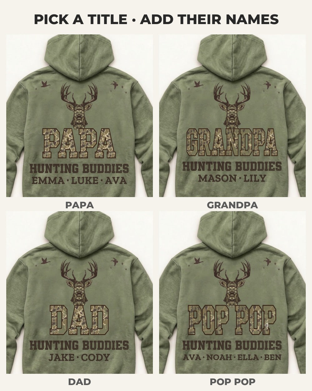 Hunting Buddies Custom Names All-Over Print Hoodie — four versions