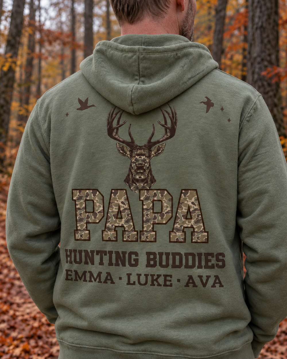 Hunting Buddies Custom Names All-Over Print Hoodie — model back angle