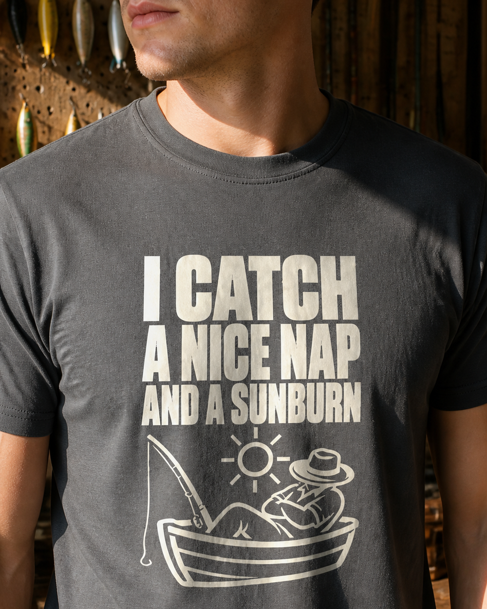 I Catch a Nice Nap and a Sunburn tee — charcoal, worn, side