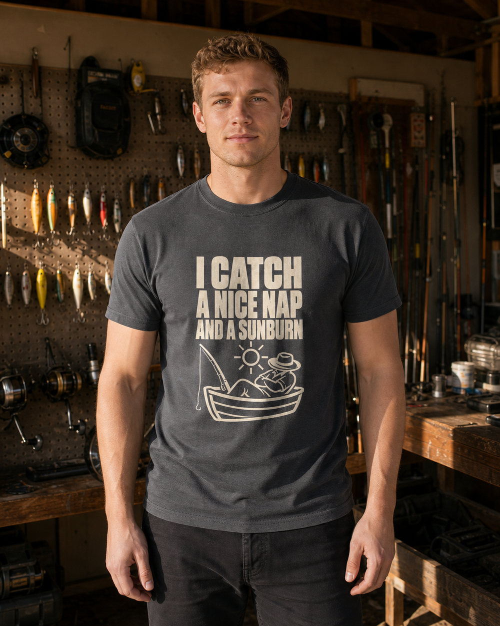 I Catch a Nice Nap and a Sunburn tee — charcoal, worn, front