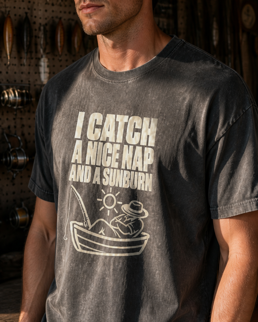 I Catch a Nice Nap and a Sunburn washed tee — washed black, worn, side