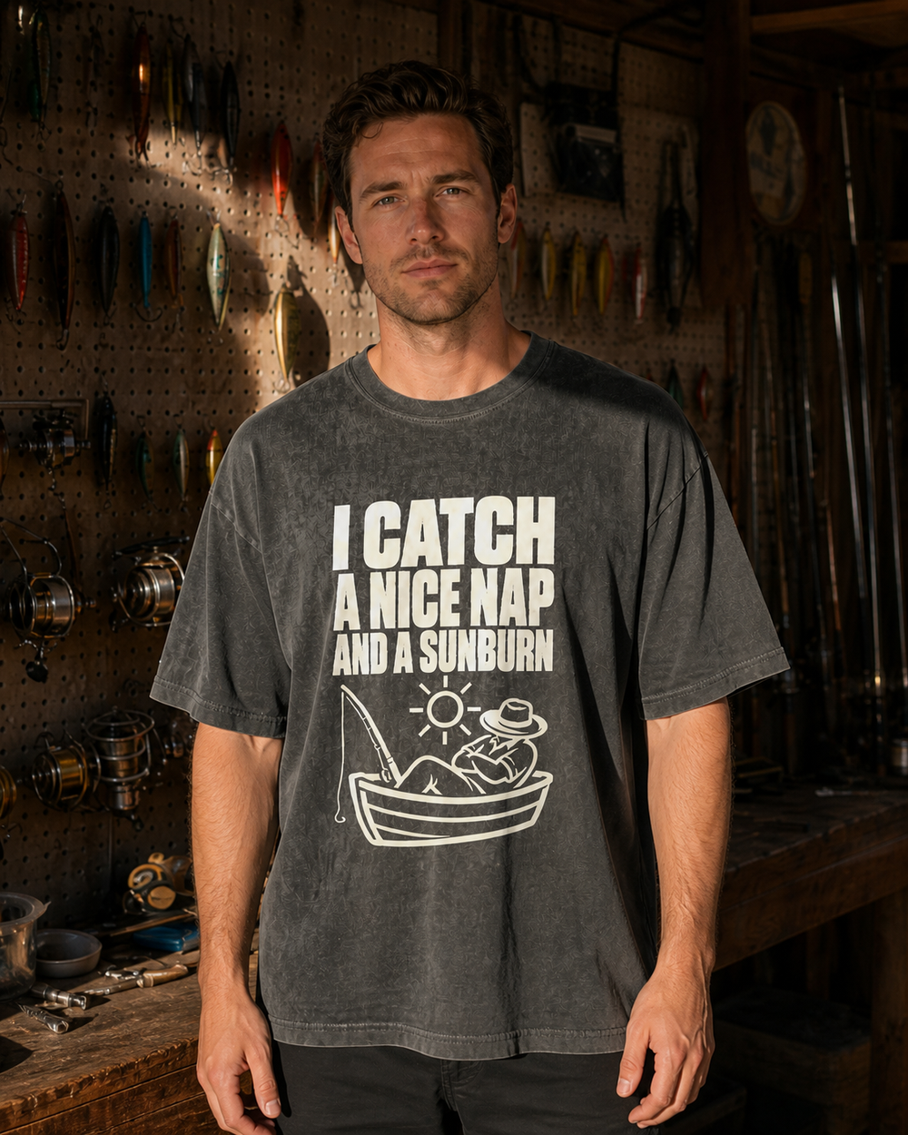 I Catch a Nice Nap and a Sunburn washed tee — washed black, worn, front