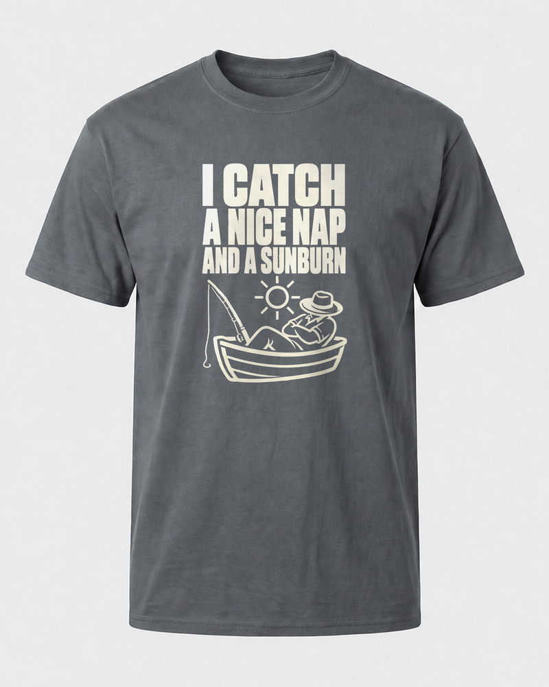 I Catch a Nice Nap and a Sunburn tee — charcoal, front