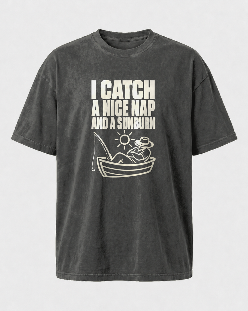I Catch a Nice Nap and a Sunburn washed tee — washed black, front