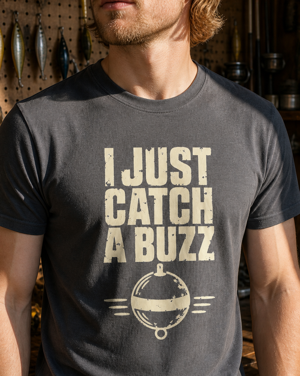 I Just Catch A Buzz tee — charcoal, worn, side