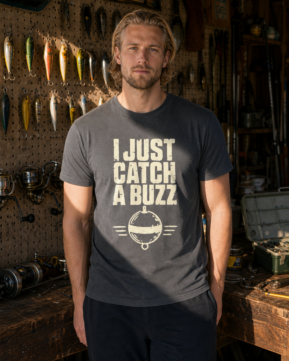 I Just Catch A Buzz tee — charcoal, worn, front