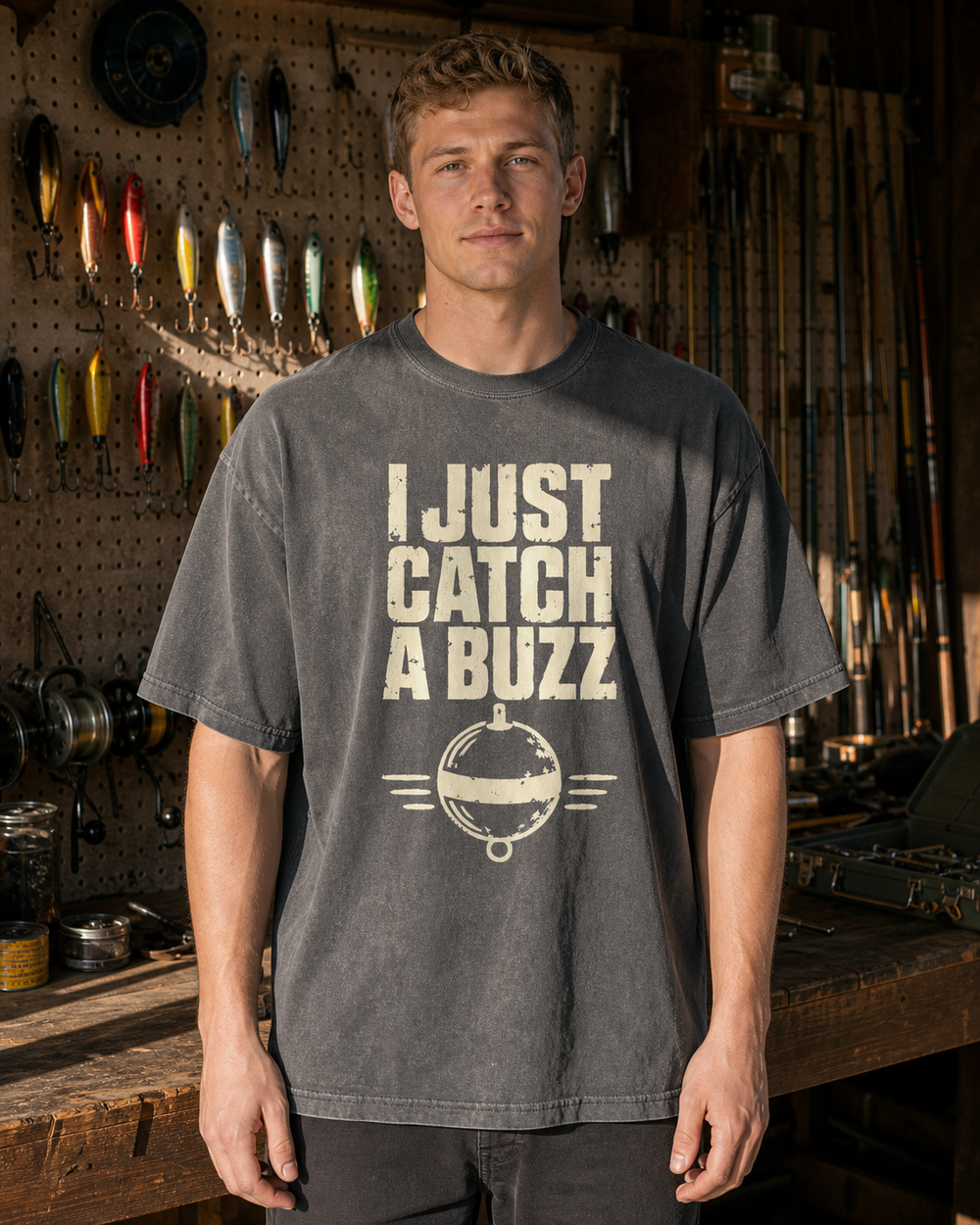I Just Catch A Buzz washed tee — washed black, worn, front