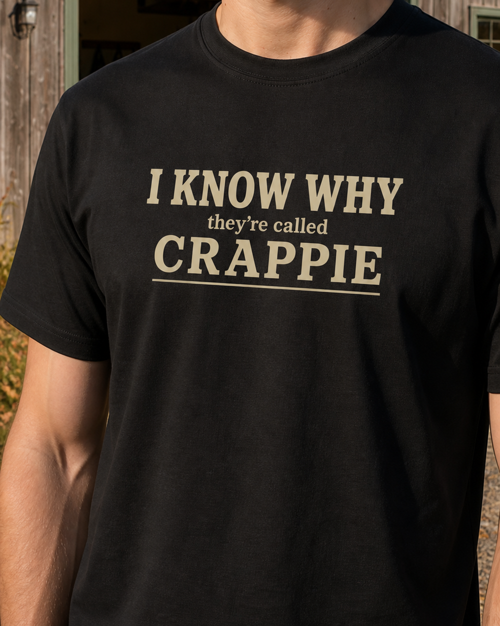 I Know Why They're Called Crappie Stacked tee — black, worn, side