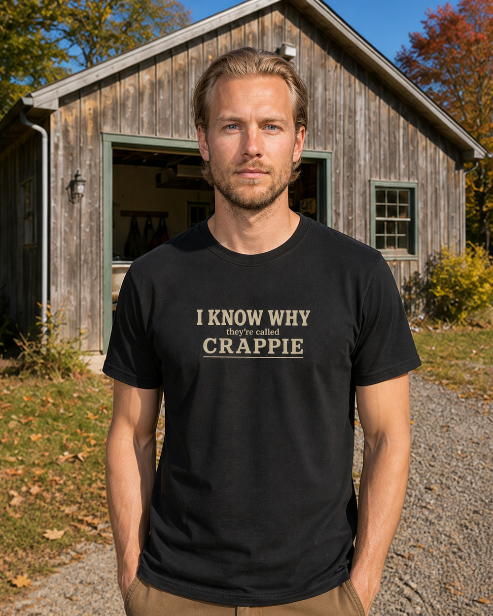 I Know Why They're Called Crappie Stacked tee — black, worn, front