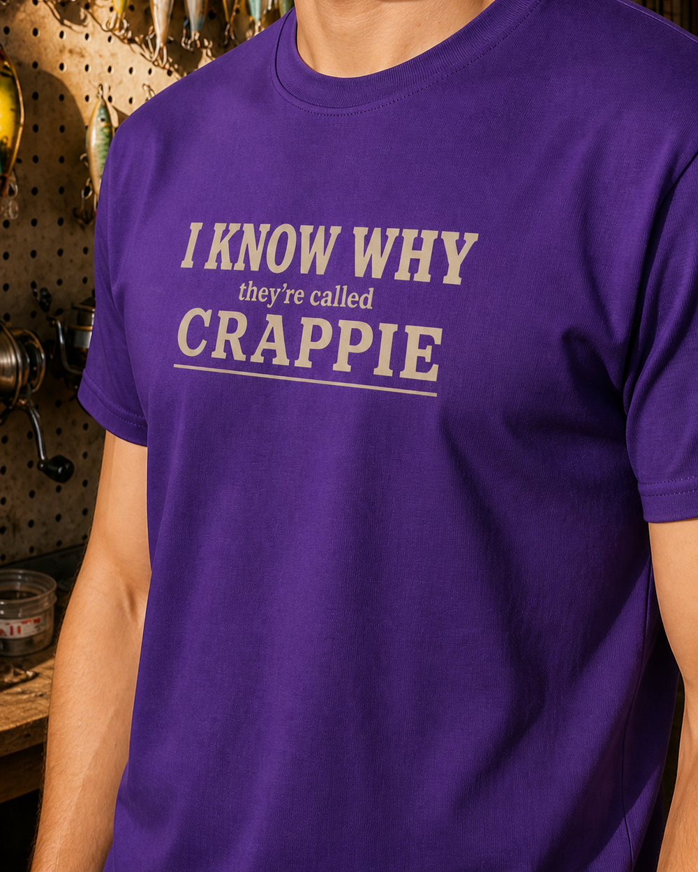 I Know Why They're Called Crappie Stacked tee — purple, worn, side