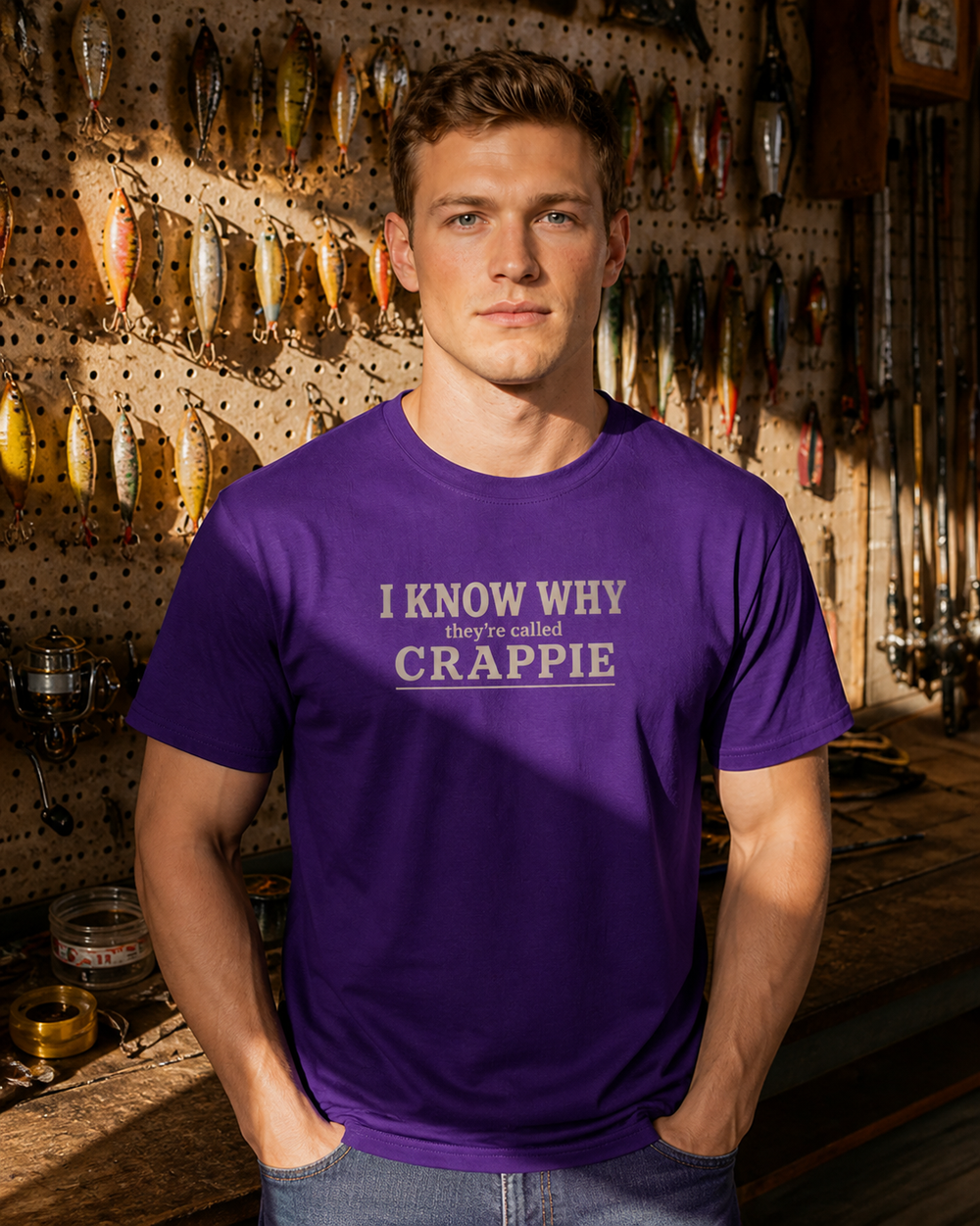 I Know Why They're Called Crappie Stacked tee — purple, worn, front