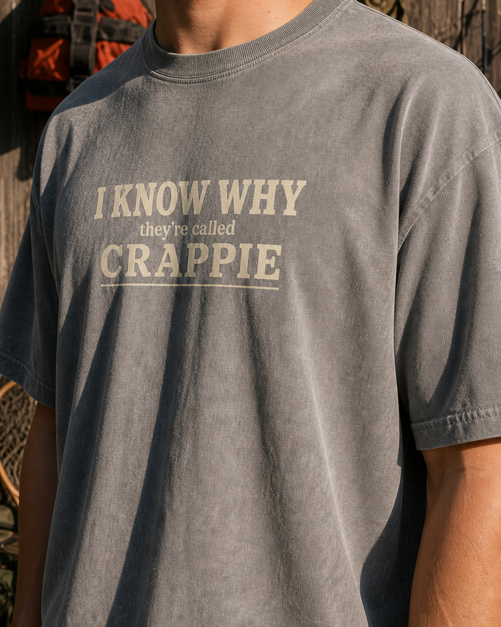 I Know Why They're Called Crappie Stacked washed tee — washed charcoal, worn, side
