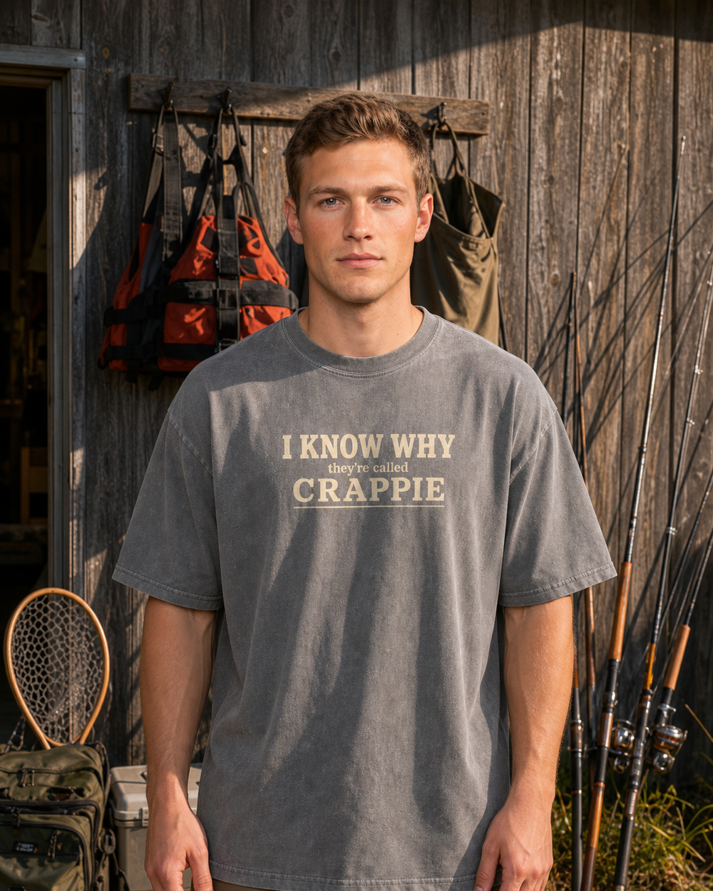 I Know Why They're Called Crappie Stacked washed tee — washed charcoal, worn, front