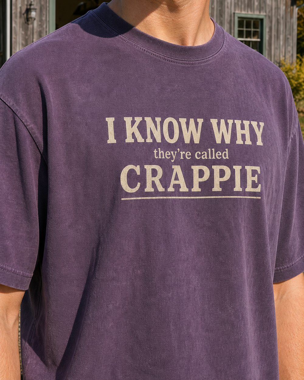 I Know Why They're Called Crappie Stacked washed tee — washed violet, worn, side