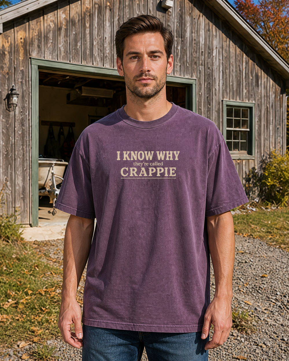 I Know Why They're Called Crappie Stacked washed tee — washed violet, worn, front