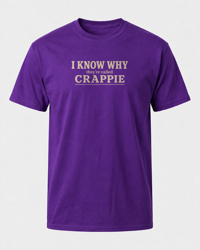 I Know Why They're Called Crappie Stacked tee — purple, front