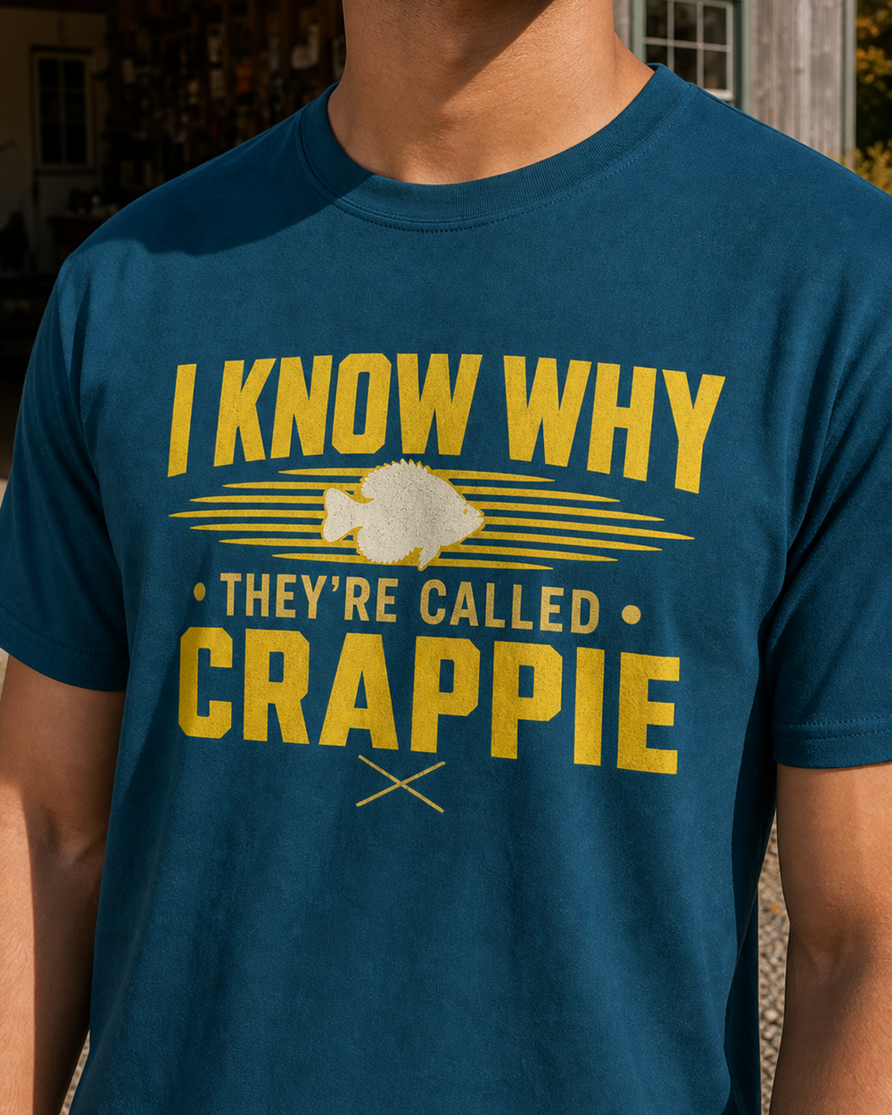 I Know Why They're Called Crappie Two Tone tee — midnight navy, worn, side