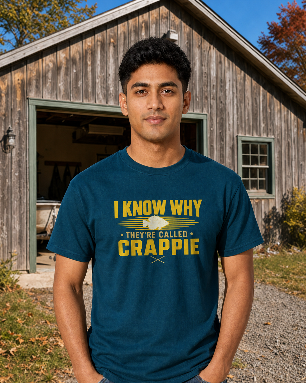 I Know Why They're Called Crappie Two Tone tee — midnight navy, worn, front