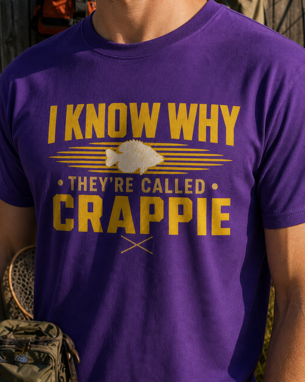 I Know Why They're Called Crappie Two Tone tee — purple, worn, side