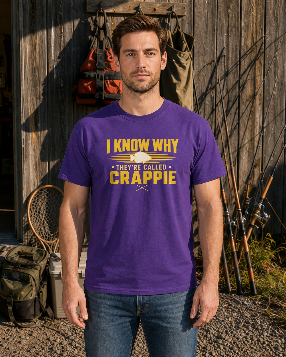 I Know Why They're Called Crappie Two Tone tee — purple, worn, front