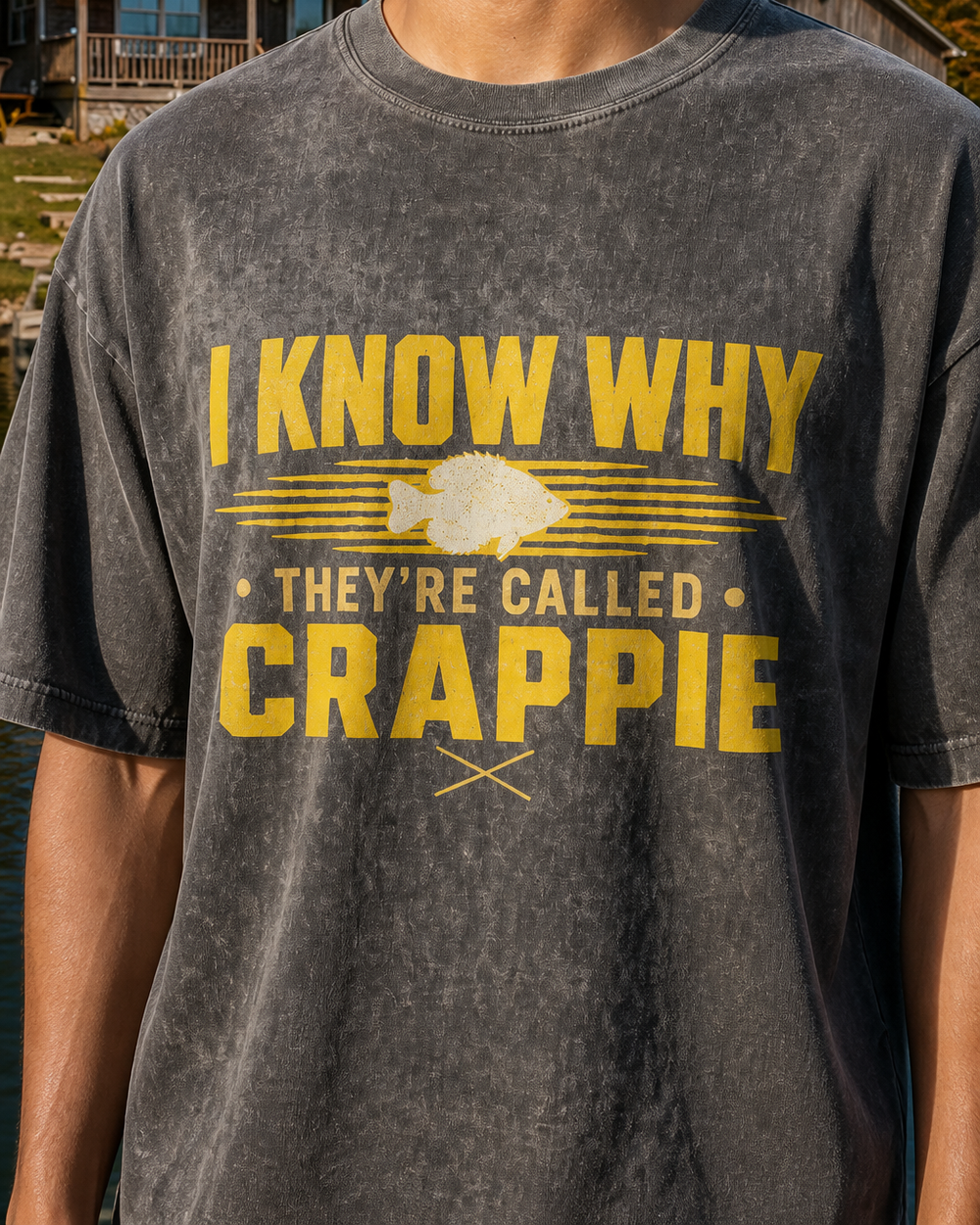 I Know Why They're Called Crappie Two Tone washed tee — washed black, worn, side