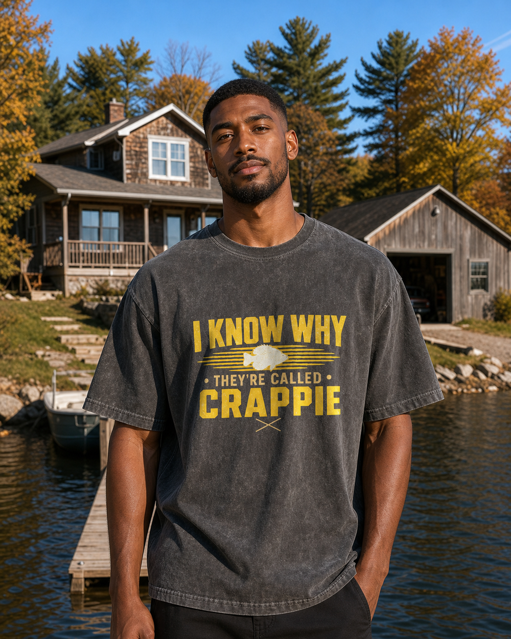 I Know Why They're Called Crappie Two Tone washed tee — washed black, worn, front