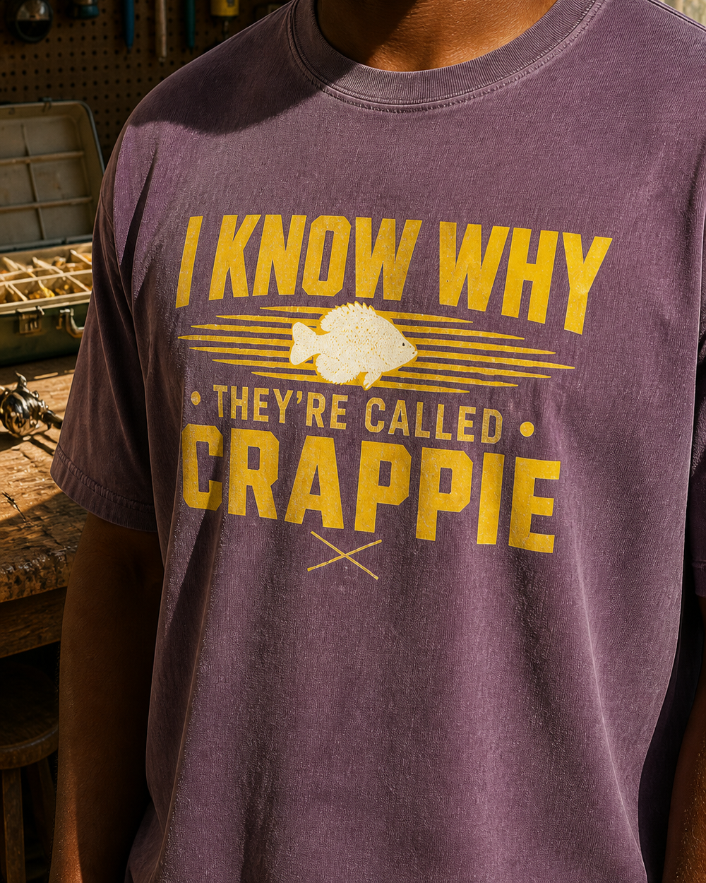 I Know Why They're Called Crappie Two Tone washed tee — washed violet, worn, side