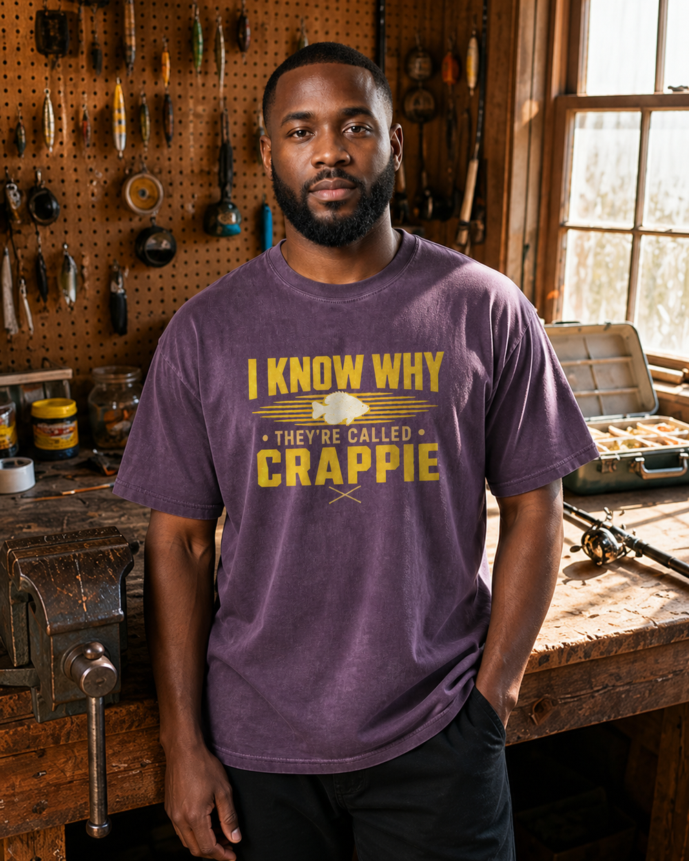 I Know Why They're Called Crappie Two Tone washed tee — washed violet, worn, front