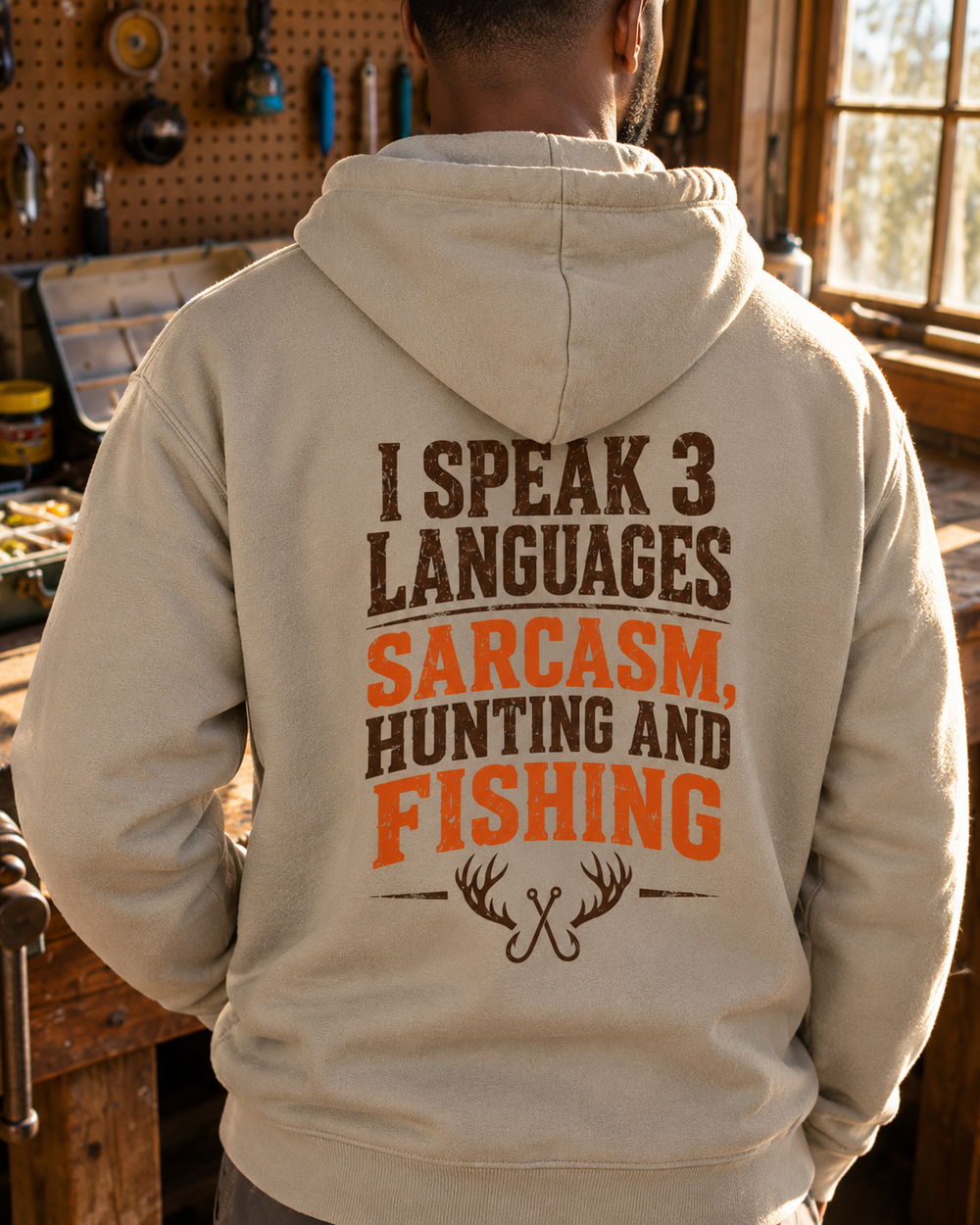 I Speak 3 Languages — Sarcasm, Hunting And Fishing Hoodie — Sand — model back close-up