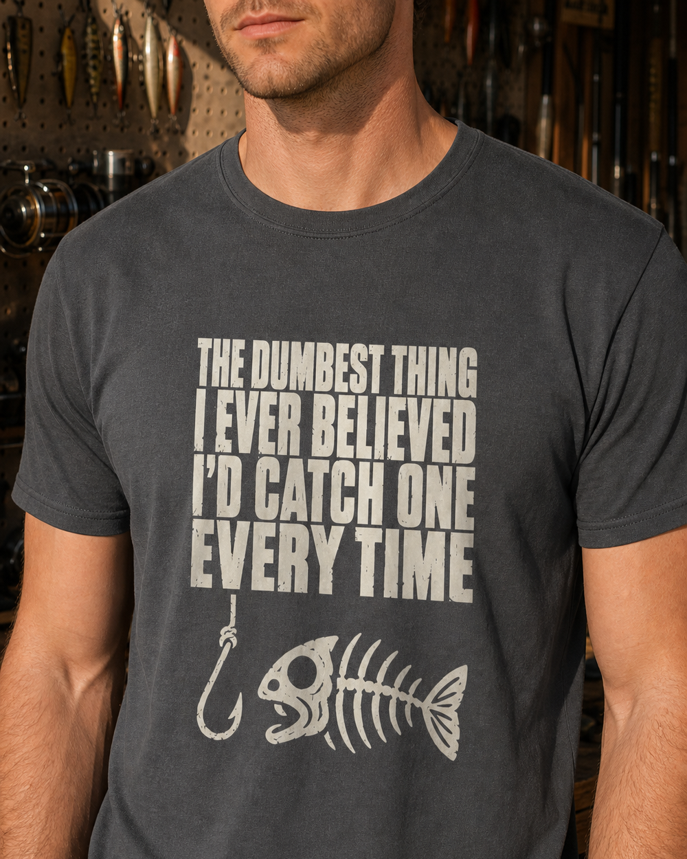 The Dumbest Thing I Ever Believed tee — charcoal, worn, side