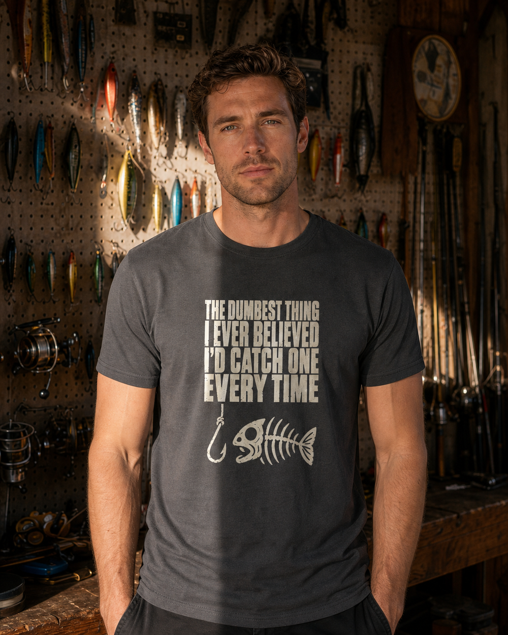 The Dumbest Thing I Ever Believed tee — charcoal, worn, front