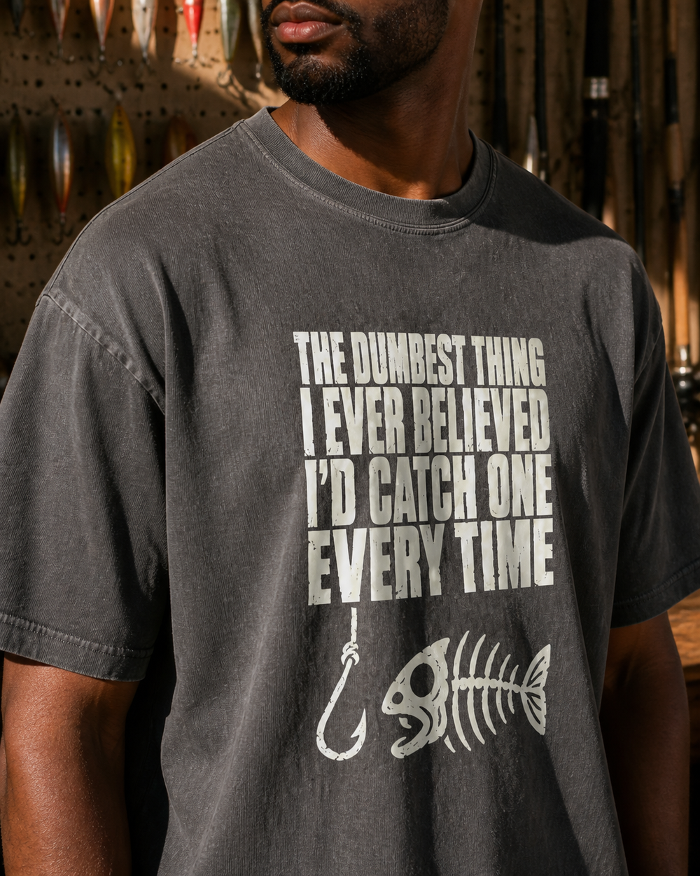 The Dumbest Thing I Ever Believed washed tee — washed black, worn, side