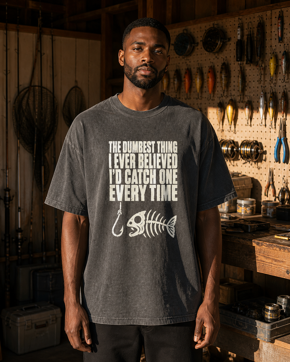 The Dumbest Thing I Ever Believed washed tee — washed black, worn, front