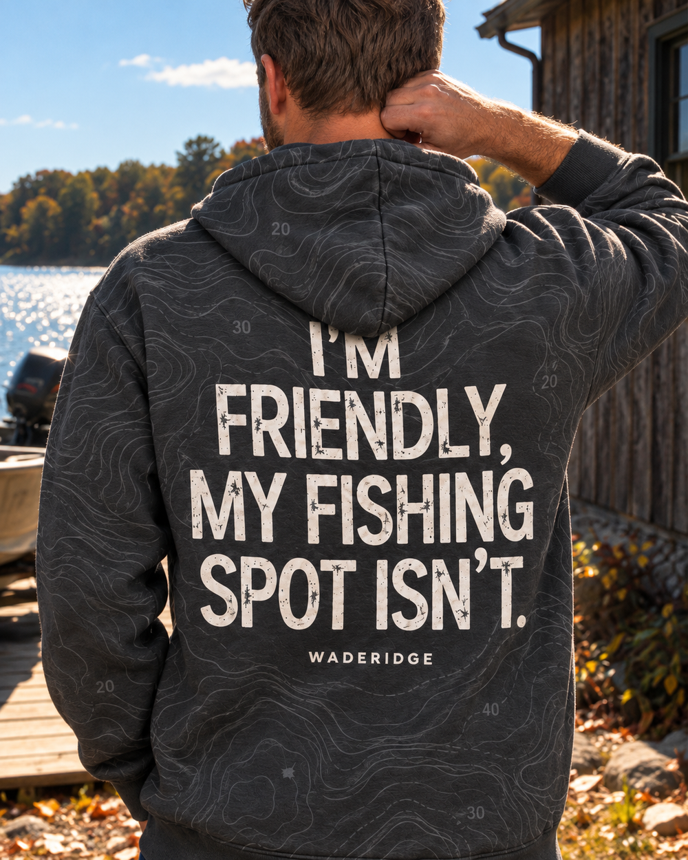 I'm Friendly My Fishing Spot Isn't All-Over Print Hoodie — model back angle