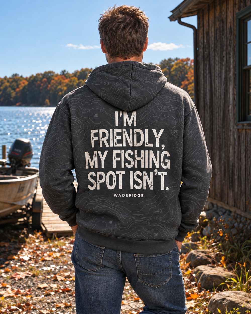 I'm Friendly My Fishing Spot Isn't All-Over Print Hoodie — model back
