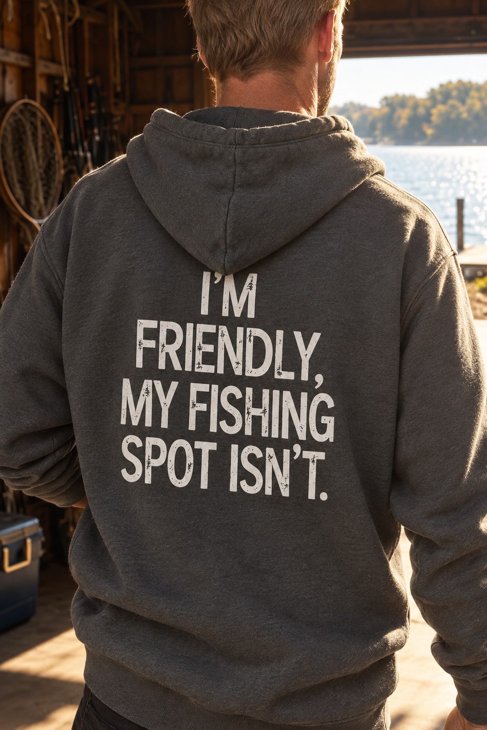 I'm Friendly My Fishing Spot Isn't Hoodie — Charcoal — model back close-up