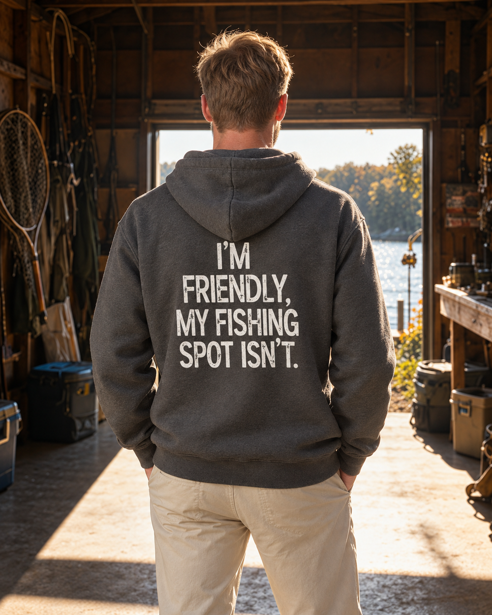 I'm Friendly My Fishing Spot Isn't Hoodie — Charcoal — model back