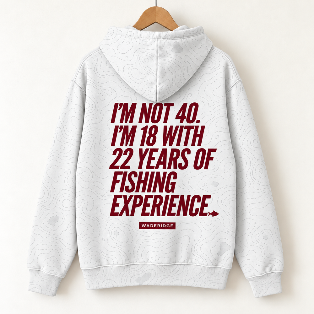 I'm Not 40 I'm 18 With 22 Years Of Fishing Experience All-Over Print Hoodie — on a hanger, back